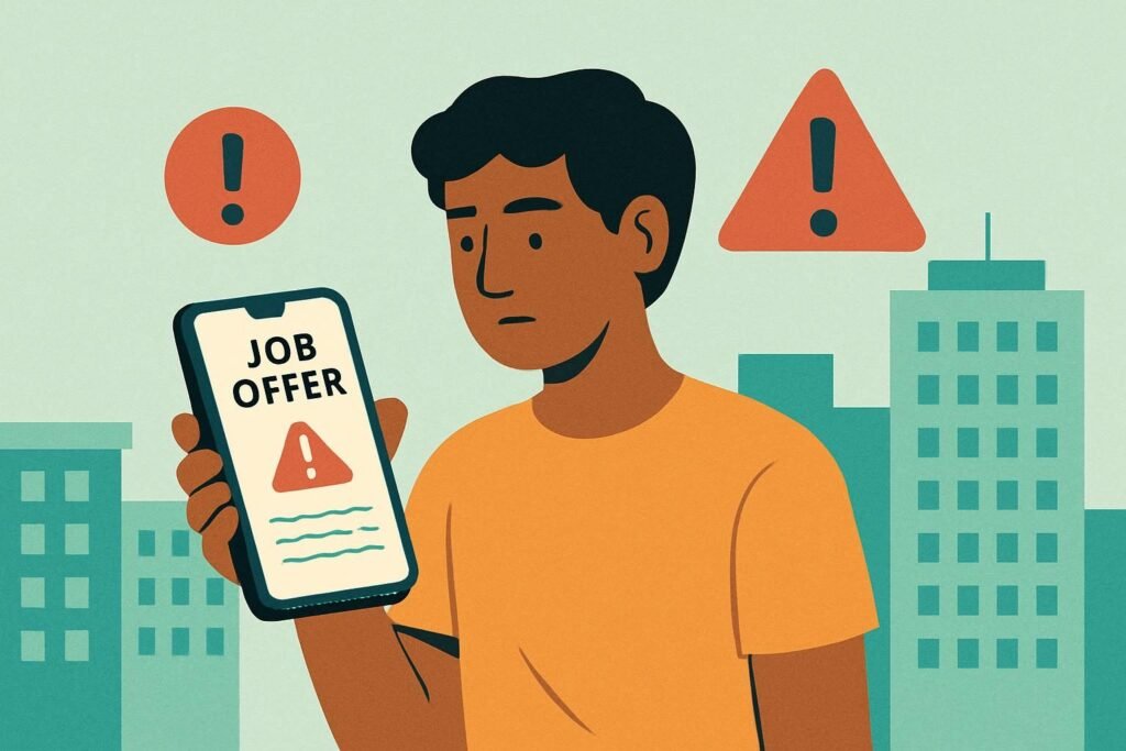 How to identify fake job offer in India illustration with warning signs and Indian job seeker