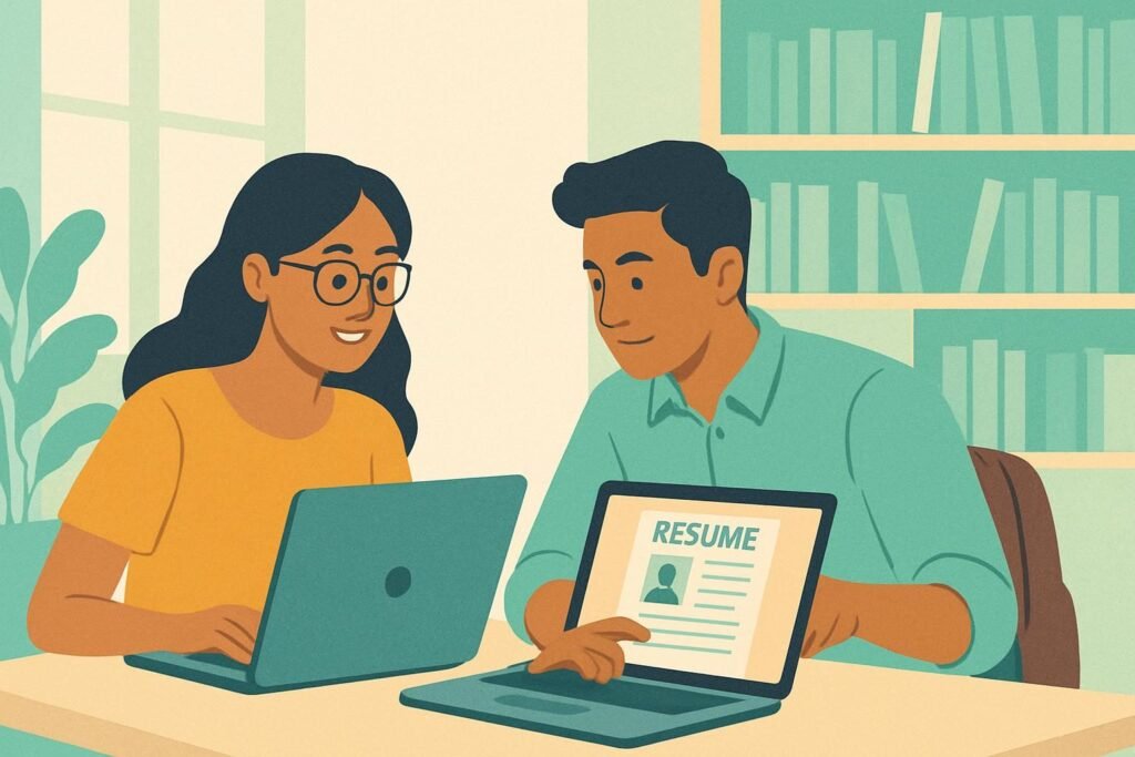 Two Indian students creating a resume format for freshers on a laptop in a study room.