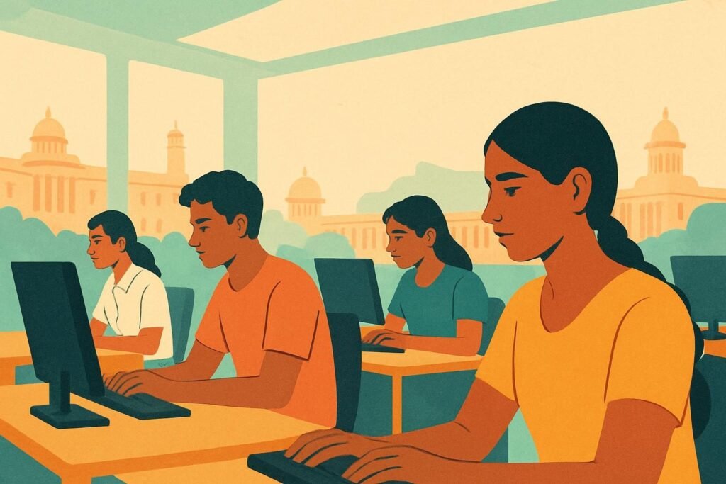 SSC CGL 2026 exam date illustration with Indian students in an exam hall